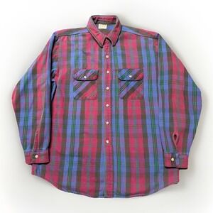 VTG Five Brother Flannel Shirt Mens XLT Tallman Purple‎ Blue Green Button Cotton